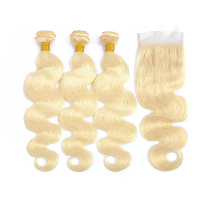 XBL Hair #613 Blonde Body Wave 3 Bundles with 4x4 Transparent Lace Closure
