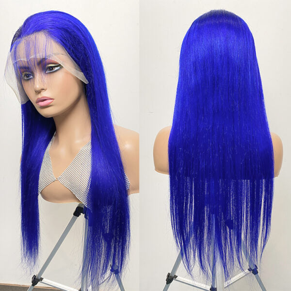 Virgin Human Hair 150% Density Blue Color Straight Hair 13x4 Transparent Lace Front Wigs