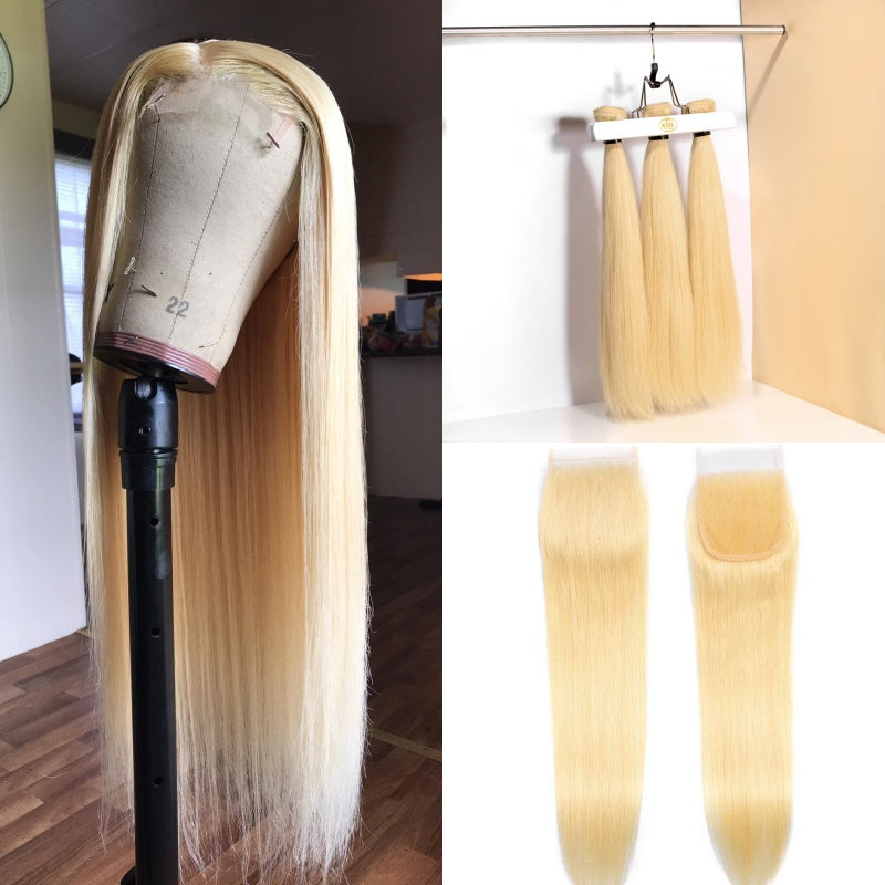 XBL Hair #613 Blonde Straight Hair 3 Bundles with 5x5 HD Closure