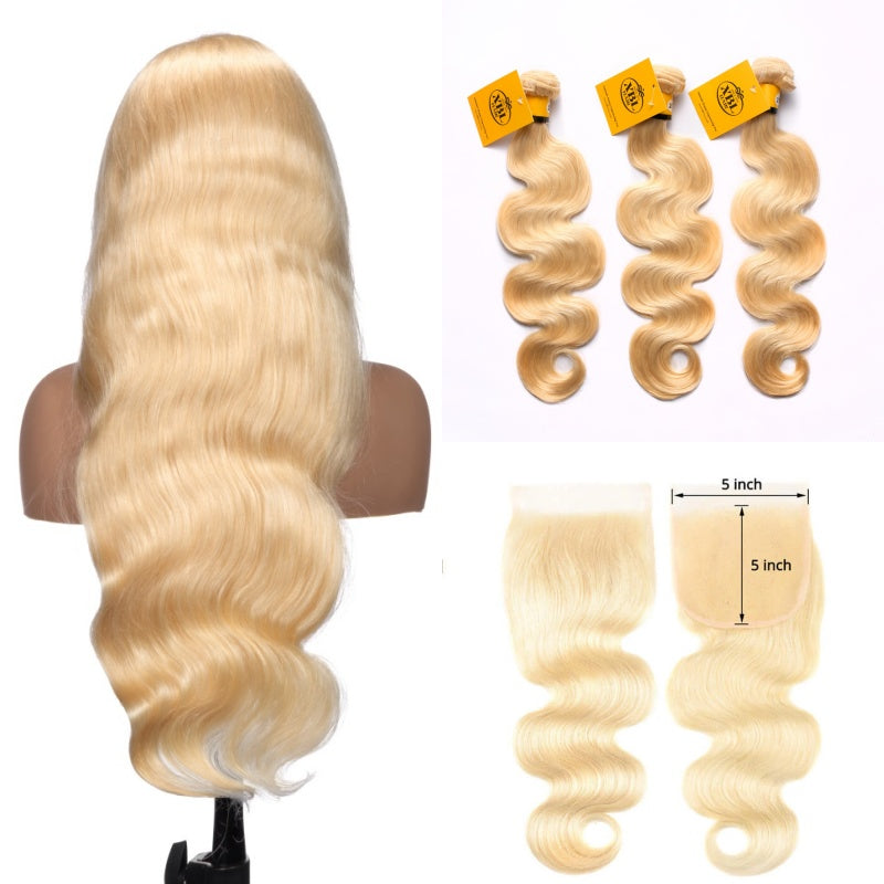 XBL Hair #613 Blonde Body Wave Hair 3 Bundles with 5x5 HD Closure