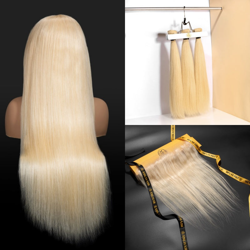 XBL Hair Miss Lovely #613 Blonde Straight Human Hair 3 Bundles with 13x4/13x6 HD Frontal Bleached Small Knots