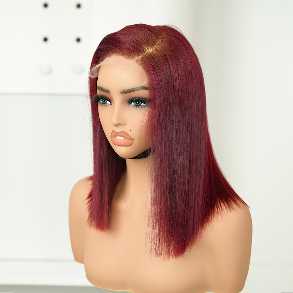 XBL Hair Miss Fantastic #99j Colorful Bob Wig 5x5 HD Lace Straight Bleached Knots Raw Human Hair With C-part