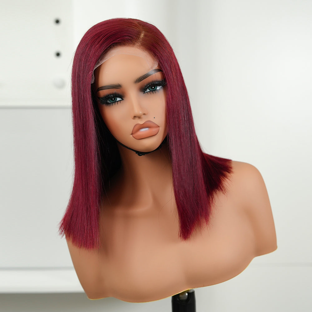 XBL Hair Miss Fantastic #99j Colorful Bob Wig 5x5 HD Lace Straight Bleached Knots Raw Human Hair With C-part