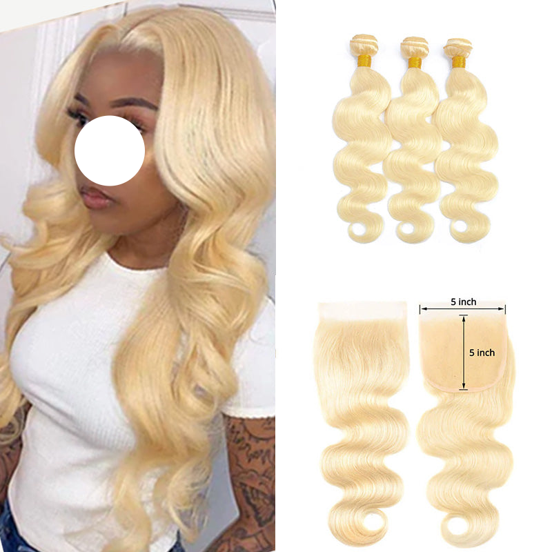 XBL Hair #613 Blonde Body Wave Hair 3 Bundles with 5x5 HD Closure