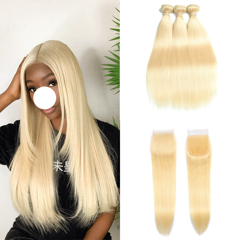XBL Hair #613 Blonde Straight Hair 3 Bundles with 5x5 HD Closure