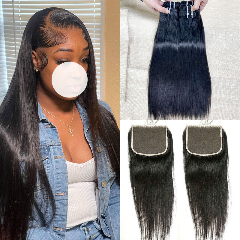 XBL Hair 9A/10A12A Straight Silky Straight Full 3 Human Hair Bundles With with 6x6 HD Closure