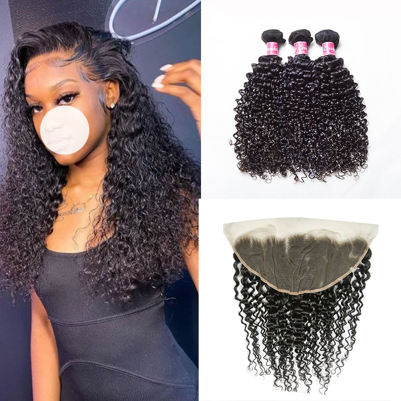 XBL Hair  9A/10A/12A Curly 3 Bundles with 13x6 Frontal with Preplucked Hairline