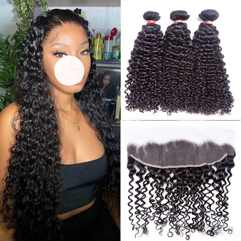 XBL Hair 9A/10A/12A Curly Human Hair 3 Bundles with 13x4 Lace Frontal