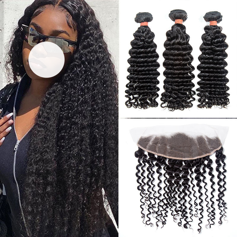 XBL Hair 9A/10A/12A Deep Wave Human Hair 3 Bundles with 13x4 Lace Frontal