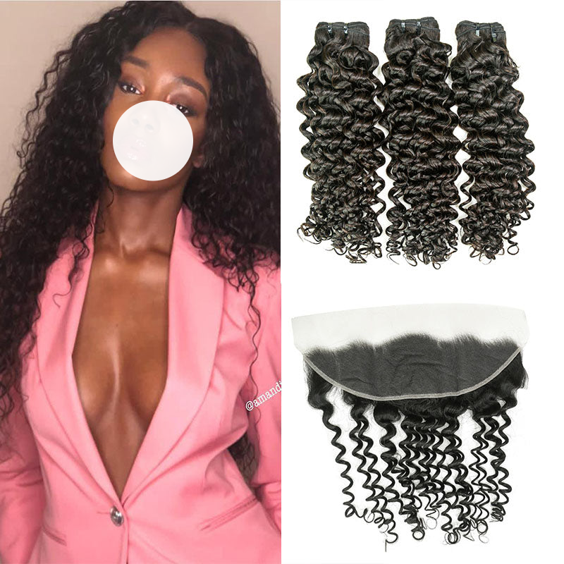 XBL Hair 9A/10A/12A Jerry Curl Human Hair 3 Bundles with 13x4 Lace Frontal