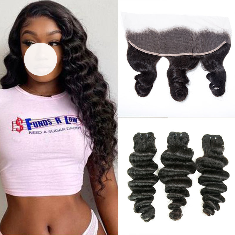 XBL Hair 9A/10A/12A Loose Deep Human Hair 3 Bundles with 13x4 Lace Frontal