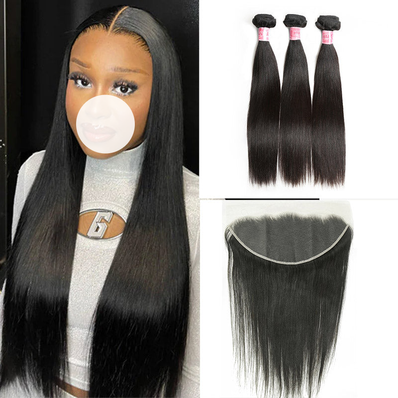 XBL Hair 9A/10A/12A Straight 3 Bundles with 13x6 Frontal with Preplucked Hairline