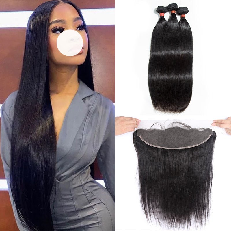 XBL Hair 9A/10A/12A Straight Human Hair 3 Bundles with 13x4 Lace Frontal