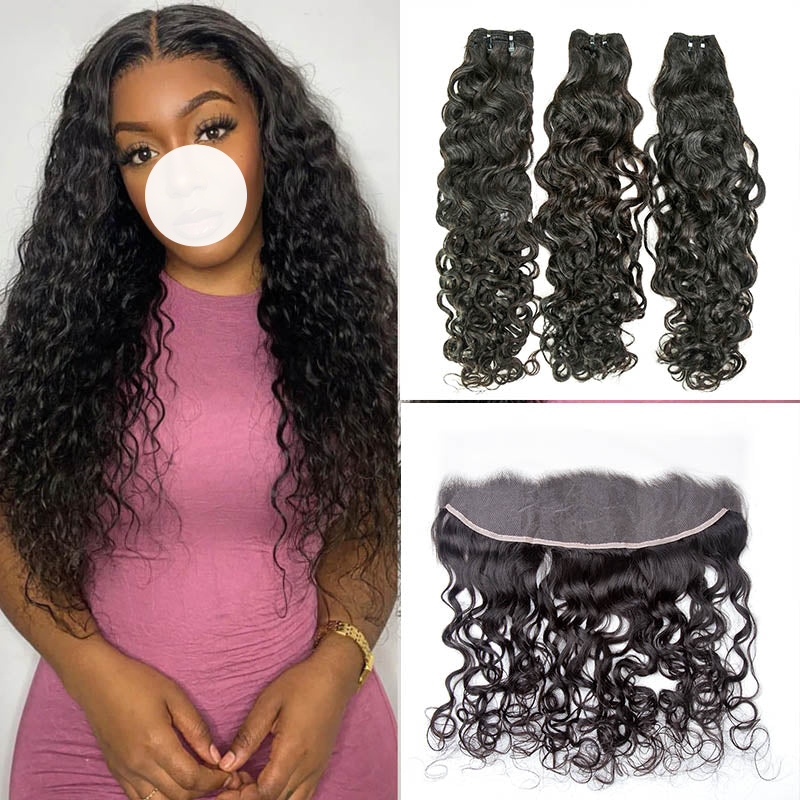 XBL Hair 9A/10A/12A Water Wave Human Hair 3 Bundles with 13x4 Lace Frontal