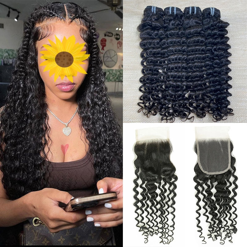 XBL Hair Deep Wave Hair 3 Bundles with 4x4 Lace Closure Human Hair