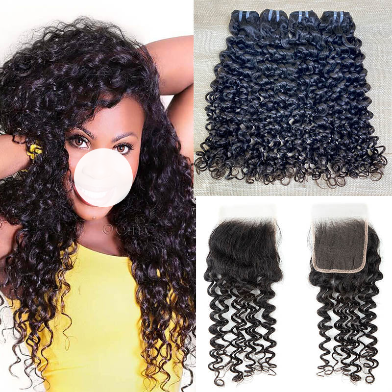 XBL Hair Jerry Curl Hair 3 Bundles with 4x4 Lace Closure Wet And Wavy