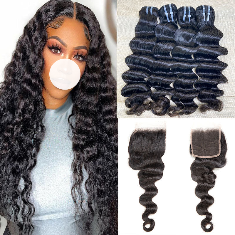 XBL Hair Loose Deep 3 Bundles with 4x4 Lace Closure Indian Human Hair