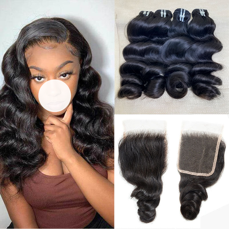 XBL Hair Loose Wave Hair Human Hair 3 Bundles With 4x4 Lace Closure