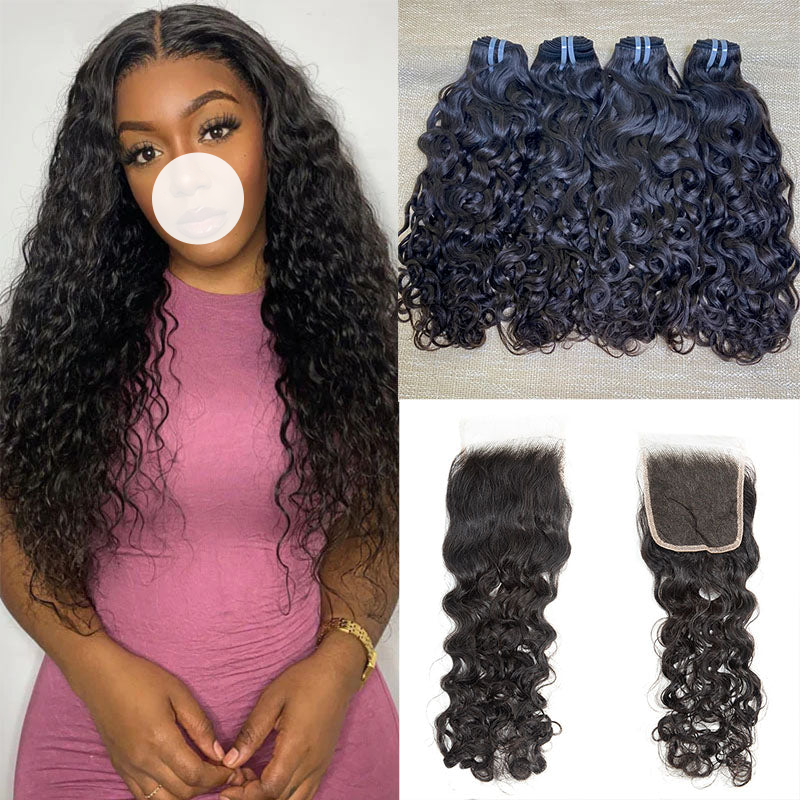 XBL Hair Water Wave Bundles with 4x4 Lace Closure Indian Human Hair Free Part