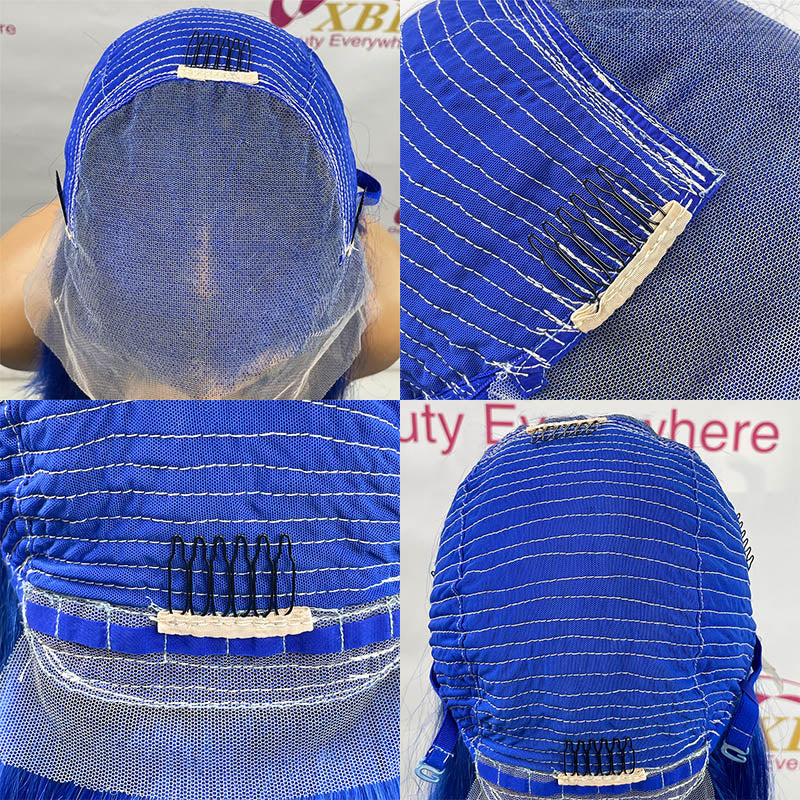 XBLHair Short Straight Transparent Lace Front Wig 13x4 Dark Blue Straight Lace Front Bob Wigs