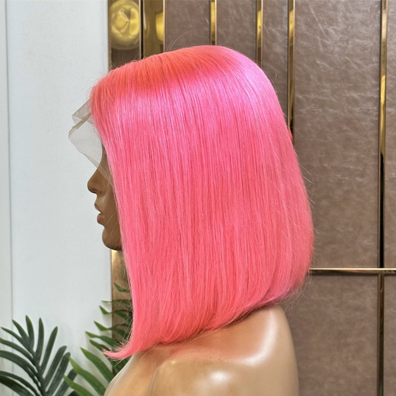 XBLHair Pink Short Bob Wig Straight 13x4 Transparent Lace Front Human Hair Wigs For Women Colored Bob Wig