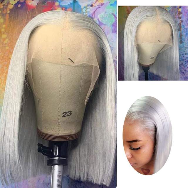 XBLHair 13x4 Grey Straight Transparent Lace Front Bob Wigs Colored Human Hair Wigs Lace Frontal Wig