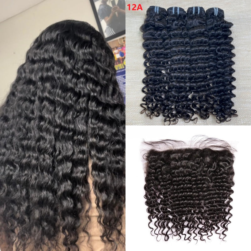 XBL Hair Miss Flawless / Lovely / Pretty Deep Wave Human Hair 3 Bundles with 13x4 Lace Frontal and Bleached Knots
