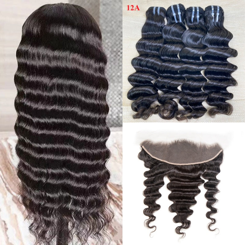 XBL Hair Miss Flawless / Lovely / Pretty Loose Deep Human Hair 3 Bundles with 13x4 Lace Frontal and Bleached Knots
