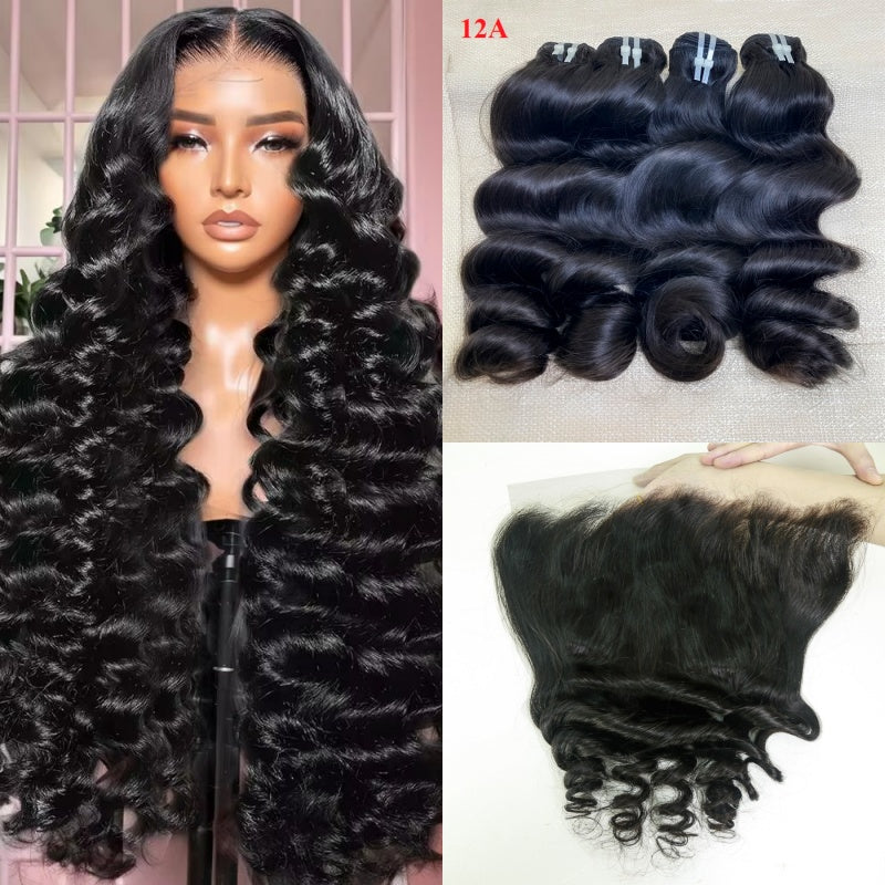 XBL Hair Miss Flawless / Lovely / Pretty Loose Wave Human Hair 3 Bundles with 13x4 Lace Frontal and Bleached Knots