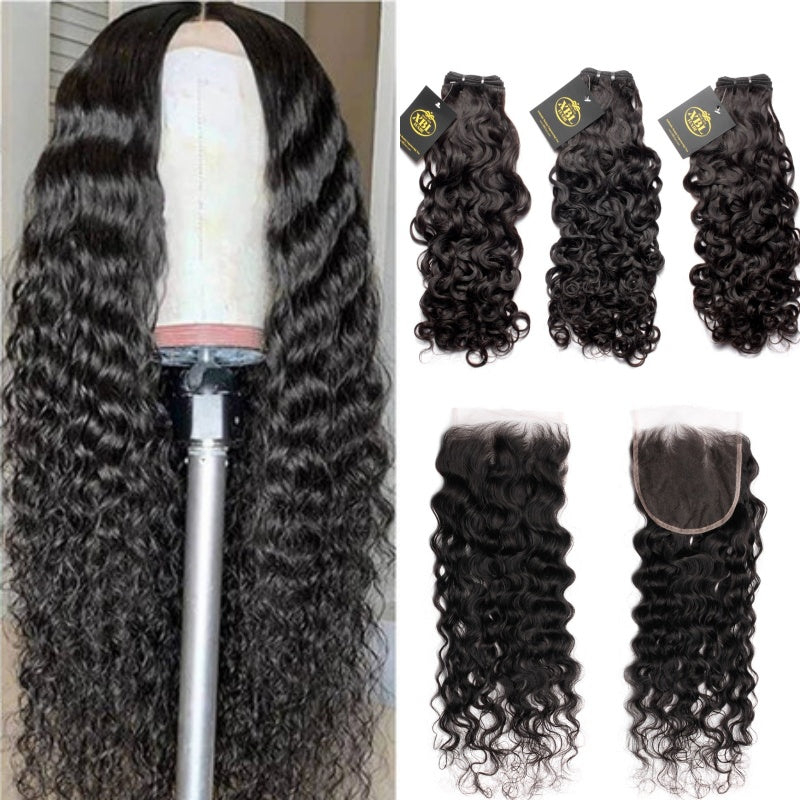 XBL Hair Miss Flawless / Lovely / Pretty Water Wave Bundles with 4x4/5x5/6x6 HD Lace Closure Indian Human Hair Free Part