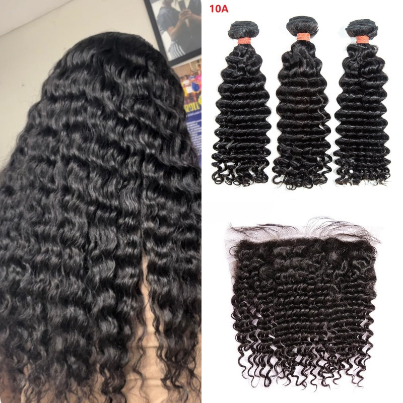 XBL Hair Miss Flawless / Lovely / Pretty Deep Wave Human Hair 3 Bundles with 13x4 Lace Frontal and Bleached Knots
