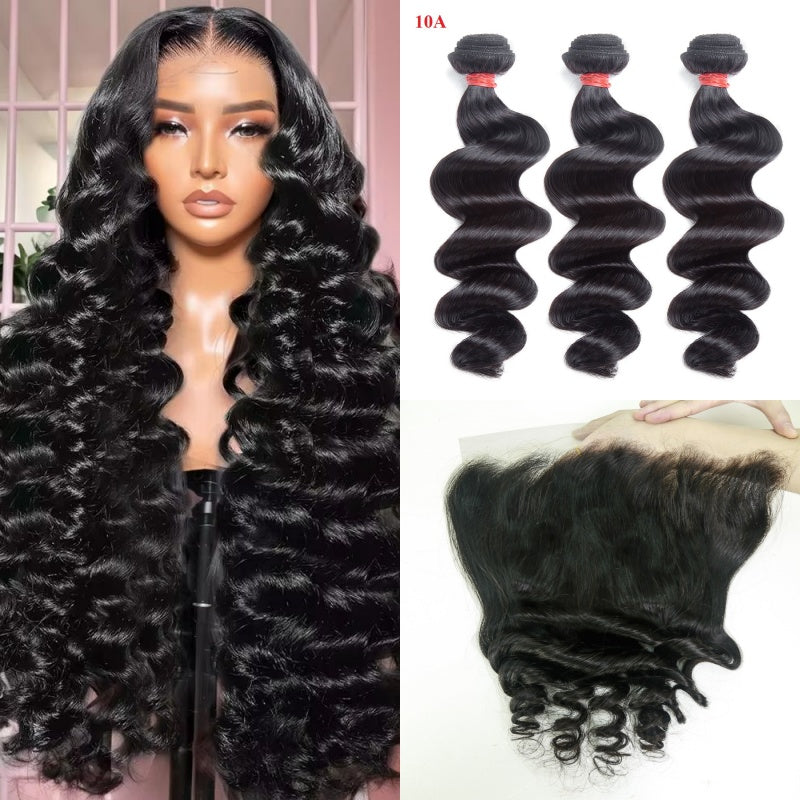XBL Hair Miss Flawless / Lovely / Pretty Loose Wave Human Hair 3 Bundles with 13x4 Lace Frontal and Bleached Knots