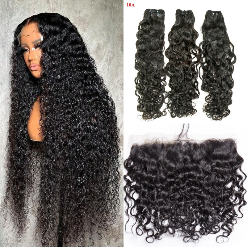XBL Hair Miss Flawless / Lovely / Pretty Water Wave Human Hair 3 Bundles with 13x4 Lace Frontal and Bleached Knots