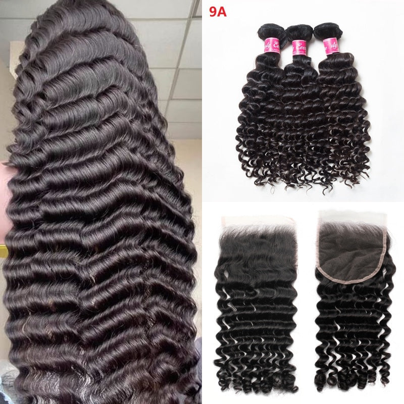XBL Hair Miss Flawless / Lovely / Pretty Deep Wave Thick 3 Human Hair Bundles With 6x6 HD Closure