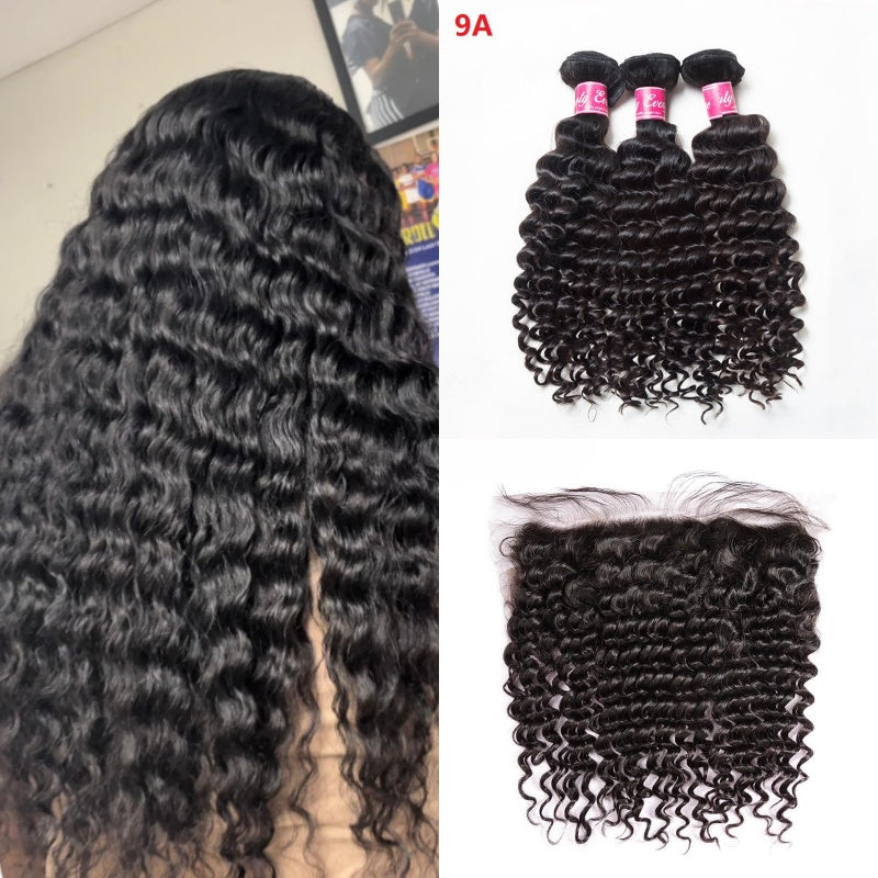 XBL Hair Miss Flawless / Lovely / Pretty Deep Wave Human Hair 3 Bundles with 13x4 Lace Frontal and Bleached Knots