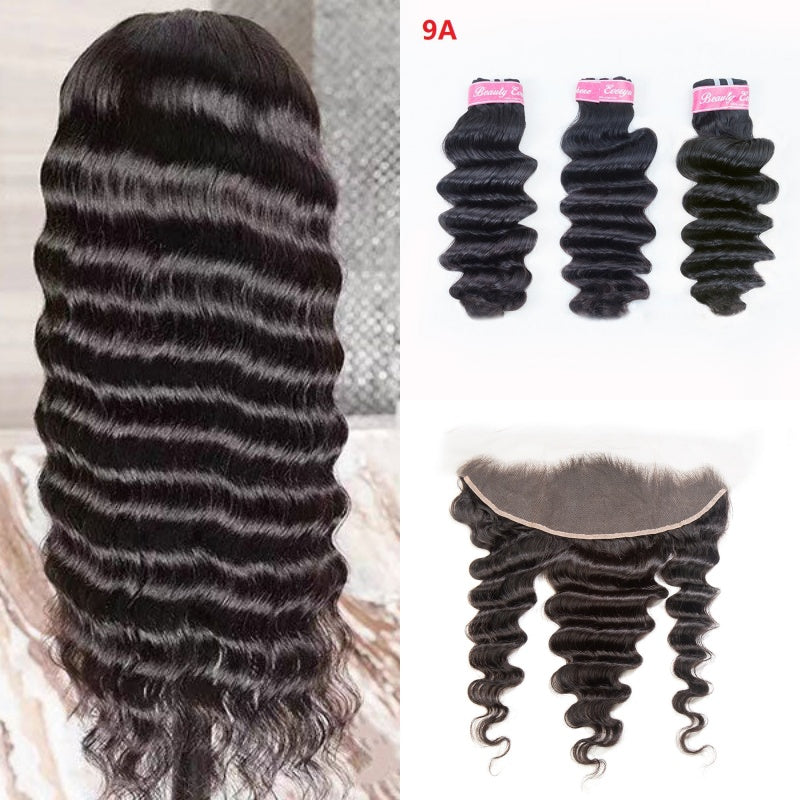 XBL Hair Miss Flawless / Lovely / Pretty Loose Deep Human Hair 3 Bundles with 13x4 Lace Frontal and Bleached Knots
