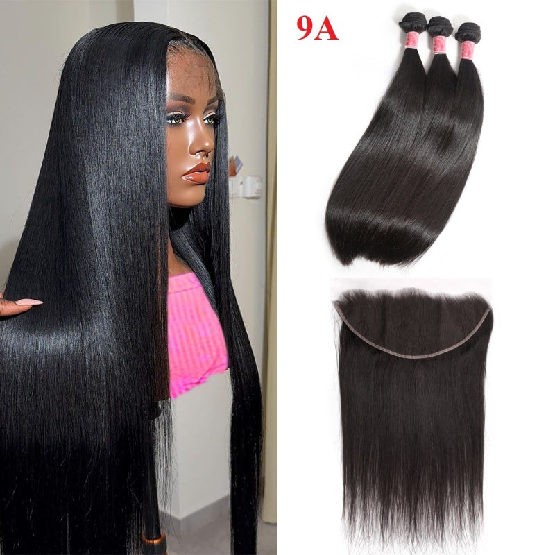 XBL Hair Miss Flawless / Lovely / Pretty Straight Human Hair 3 Bundles with 13x4 Lace Frontal and Bleached Knots