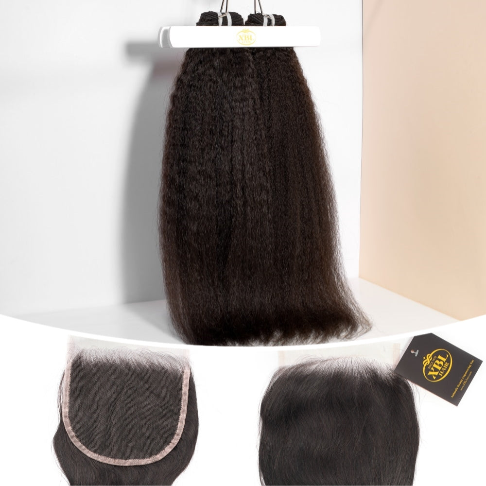 XBL Hair 9A/10A12A Kinky Straight 6x6 HD Closure With 3 Humann Hair Bundles